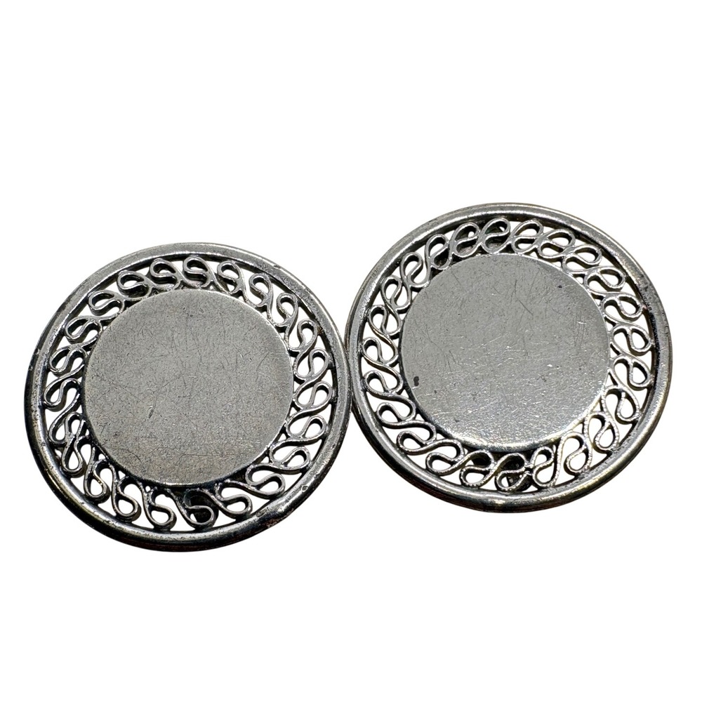 Vintage‎ Sterling Silver Scroll Border Clip On Earrings Circular Star Hallmark